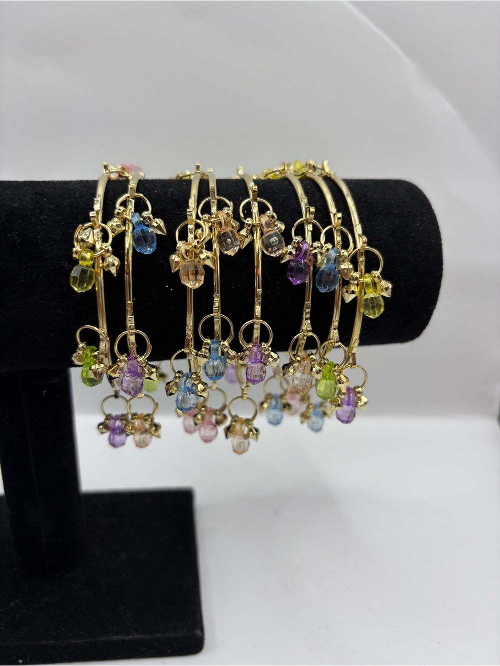 Kashmiri Gold-Tone Multi Pastel Color Crystal Charm Bangle Bracelet